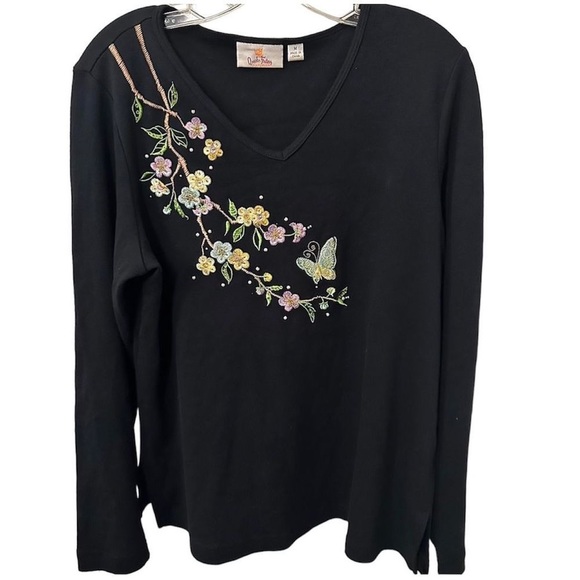Quacker Factory Tops - Quacker Factory Black V-Neck Butterfly Embroidered Top With Sequins